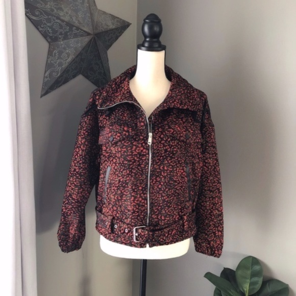 Zara Basic Leopard Zip Up Jacket Red/Black Sz XS - Picture 3 of 7